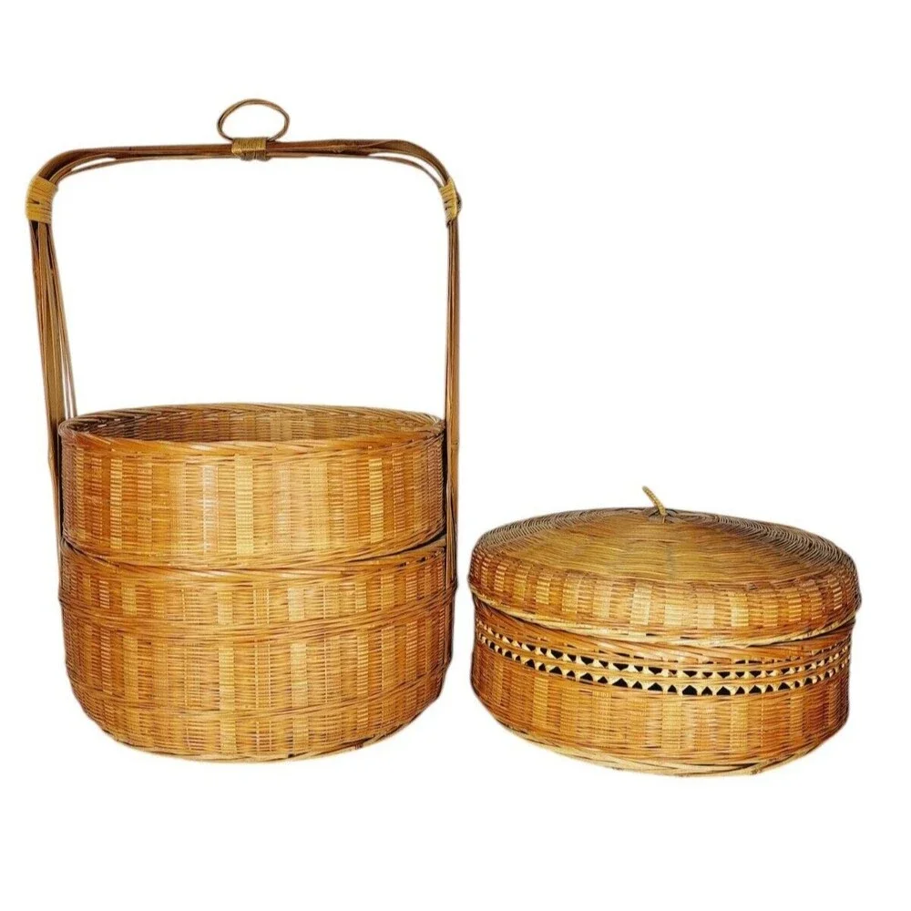 Vintage 1940s Boho Chinese Stacked Wicker Nesting Triple Storage Wedding Basket